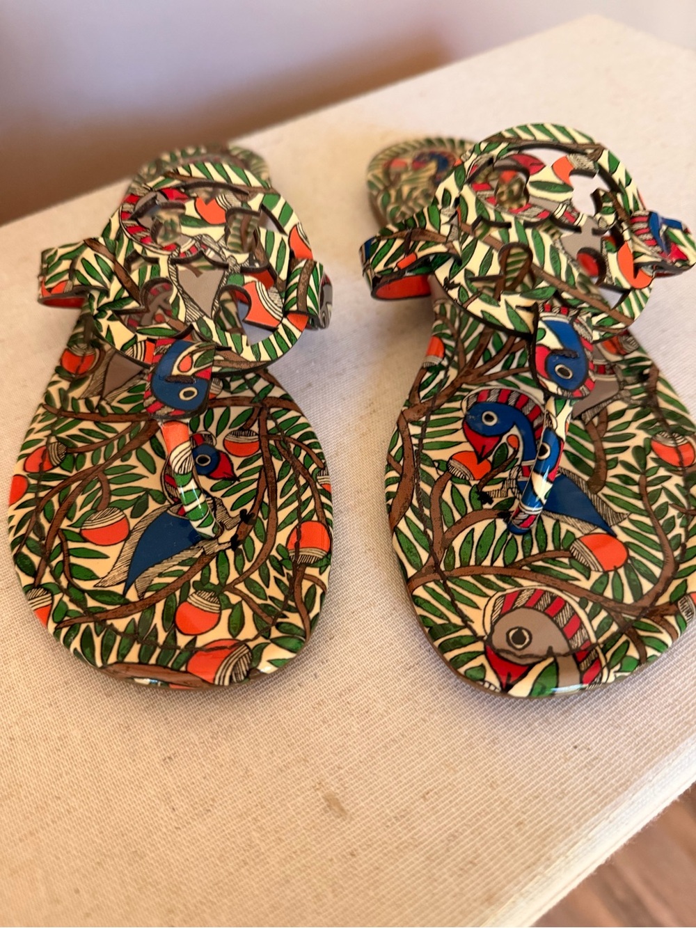 Tory Burch Multicolor Bird Print Leather Miller Sandals